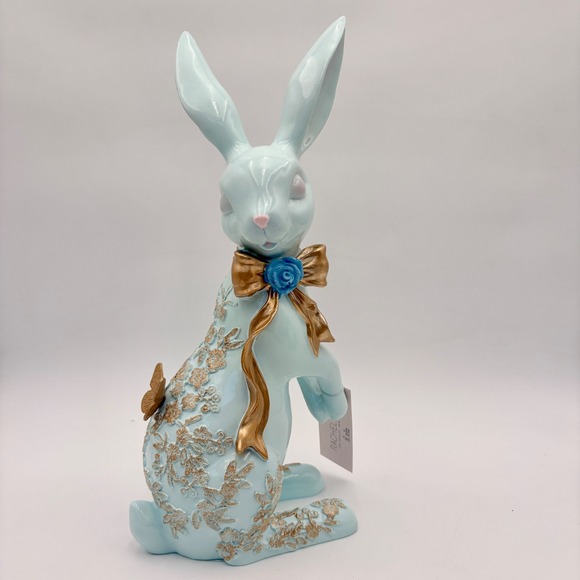 Rachel Zoe Light Pastel Blue Easter Bunny Rabbit Figurine Gold Lace Butterflies